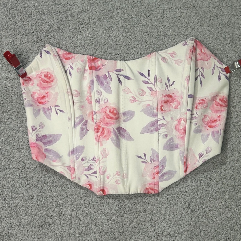 White Fox Corset Bustier Top XS White Pink Floral Coquette Cottagecore Romantic
